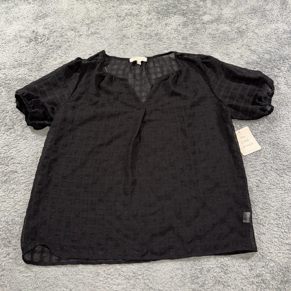 The Line of Style Blouse Womens L Black Sheer Textured Windowpane Puff Sleeve